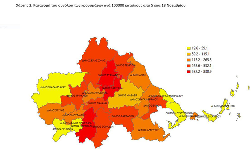 Επιβεβαιωμένα κρούσματα και αριθμός αναπαραγωγής, στο κόκκινο ο Δήμος Τυρνάβου