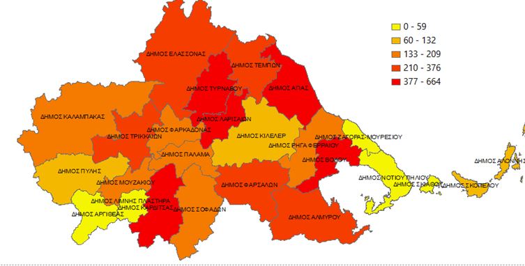 Ημερήσια κατανομή κρουσμάτων από την Περιφέρεια Θεσσαλίας συνεχίζουν στο κόκκινο Δήμος Λαρισαίων & Τυρνάβου