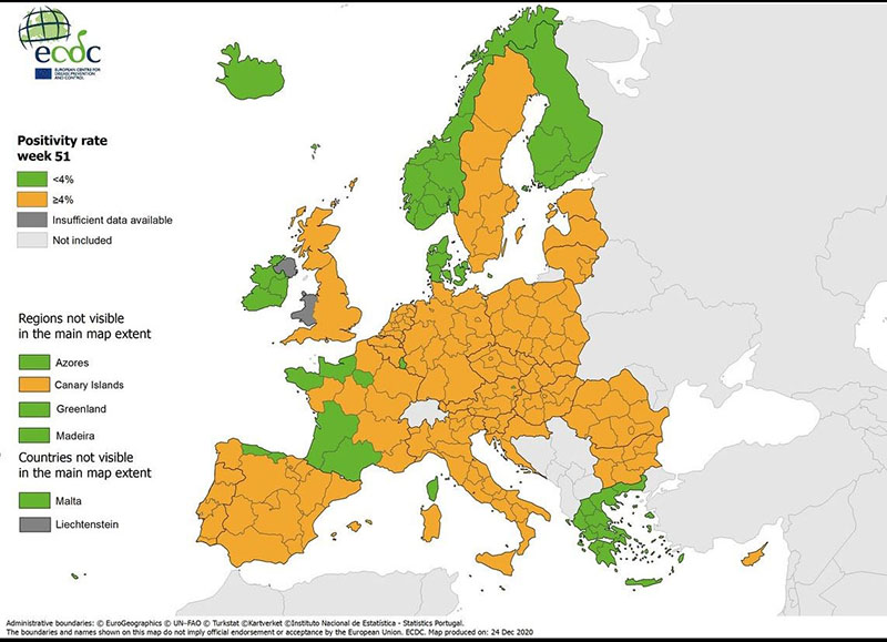 “Πράσινη” η Ελλάδα στον χάρτη θετικότητας του ECDC για τον κορωνοιό