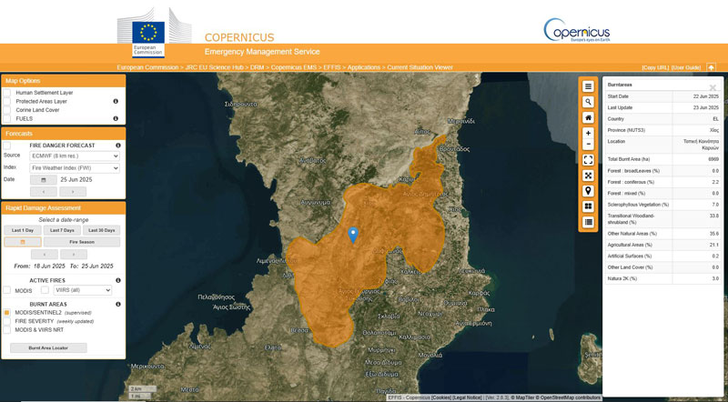 Οι 85 εστίες φωτιάς της Χίου όπως απεικονίστηκαν από την Nasa με την χρήση Γεωγραφικών Πληροφοριακών Συστημάτων